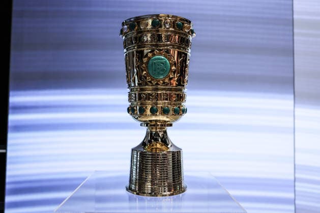 Sport, Football, DFB Cup season 2026 2027 DFB Cup draw for the 1st round 06 06 2026, German Football Museum The DFB Cup on a pedestal, trophy, cup Dortmund German Football Museum North Rhine-Westphalia Germany