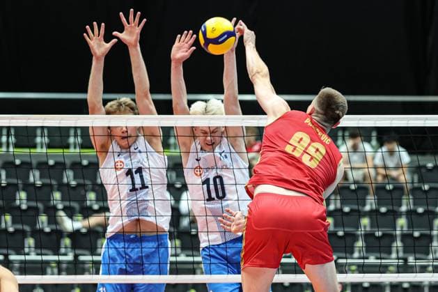 06.June. 2026 – Volleyball – CEV Volleyball European League 2026 - Men ,MONTENEGRO vs FINLAND Milutin Pavicevic (Montenegro) spikes the ball Lower Austria Lower Austria , AUSTRIA – Multiversum Schwechat Multiversum Schwechat AUSTRIA