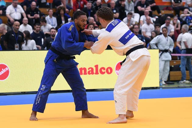 German Judo Championship 2026 on 06 06 2026 in the sports hall on Krefelder Straße in Duisburg Mens final 73KG Jano Rübo white Kevin Abetshauser blue xRx