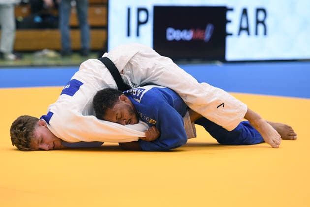 German Judo Championship 2026 on 06 06 2026 in the sports hall on Krefelder Straße in Duisburg Mens final 73KG Jano Rübo white Kevin Abetshauser blue xRx