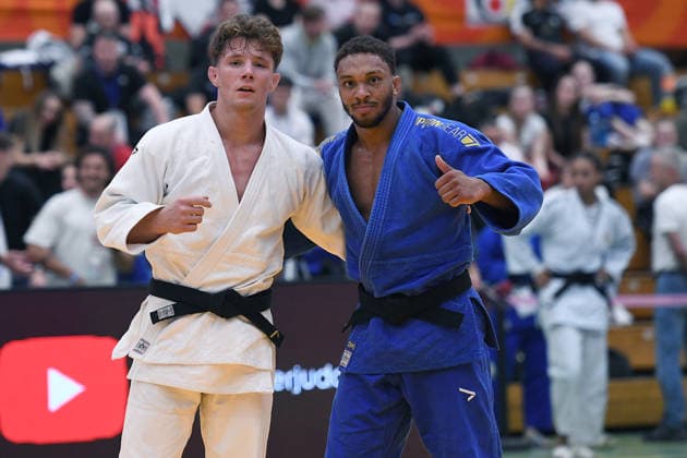 German Judo Championship 2026 on 06 06 2026 in the sports hall on Krefelder Straße in Duisburg Mens final 73KG Jano Rübo white Kevin Abetshauser blue xRx