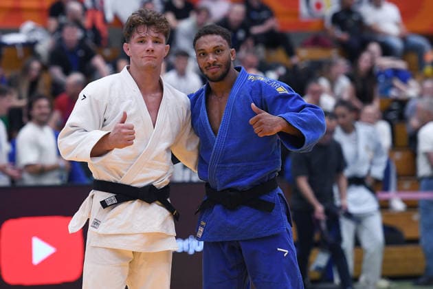 German Judo Championship 2026 on 06 06 2026 in the sports hall on Krefelder Straße in Duisburg Mens final 73KG Jano Rübo white Kevin Abetshauser blue xRx
