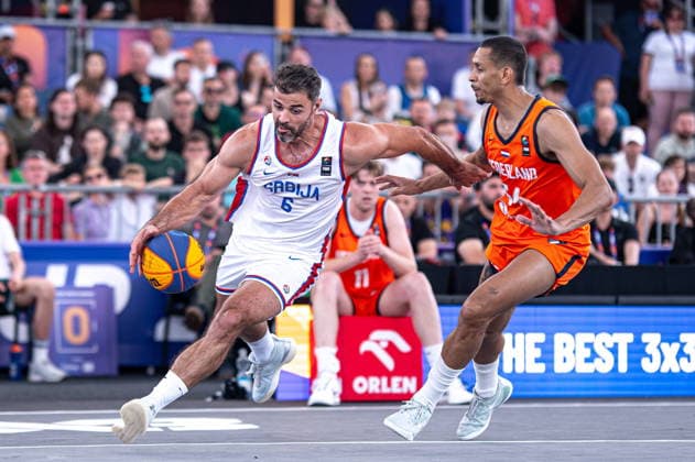 Warszawa 06.06.2026. 3x3 Basketball World Cup Day 6 in Warsaw, Poland. Serbia - Netherlands match --- Mistrzostwa Swiata w koszykowce 3x3 Dzien 6 w Warszawie. Mecz Serbia - Holandia Persons Shown : Nemanja Barac Worthy de Jong Fot. Kai Taller Arena Akcji NEWSPIX.PL --- newspix.pl 