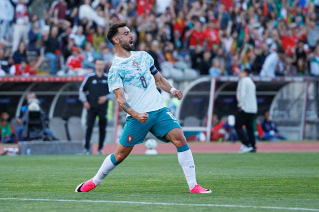 Bruno Fernandes seen celebrating after scoring goal during International Friendly, Länderspiel, Nationalmannschaft game between national teams of Portugal and Chile (Luis Loureiro Ball Raw Images PT) Oeiras Estadio Nacional Portugal Copyright: xLuisxLoureirox luisloureiro_portugal_chile_2526_3-16
