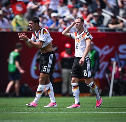 Soccer World Cup 2026 test match in Chicago 06 06 2026 USA Germany Disappointment Germany after the goal to equalize 1 1 Aleksandar Pavlovic left and Joshua Kimmich right
