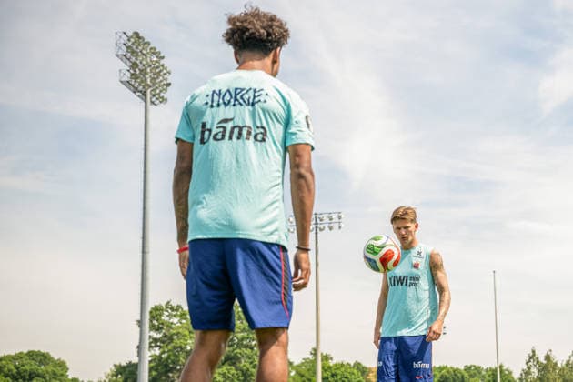 260606 Oscar Bobb and David Moller Wolfe of the Norwegian national football team at a training session during day 5 of the FIFA World Cup 2026 on June 6, 2026 in Greensboro Photo Vegard Grott BILDBYRAN kod VG VG0941 bbeng fotball football soccer fotboll fifa world cup vm fotball vm norge norway trening träning training practice precamp pre camp  Copyright: VEGARDxGRoTT BB260606VG027