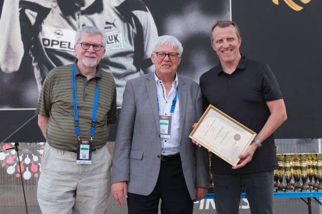 Lotto Thüringen Table tennis, Tischtennis Finals, Erfurt 2026 Ð German Championships. Jörg Rosskopf honoured as an honorary player of the German Table Tennis Association. From left to right: Jola CEO Michael Bachtler, Konrad Grillmeyer, member of the DTTB Executive Committee, and Jörg Rosskopf Deutschland, Germany 260606-DSCF5598