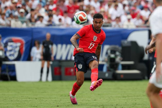 RECORD DATE NOT STATED 6th June 2026; Raymond James Stadium, Tampa, Florida, United States of America; Friendly International Football, England versus New Zealand; Morgan Rogers of England passes the ball into the box DavidxBuono