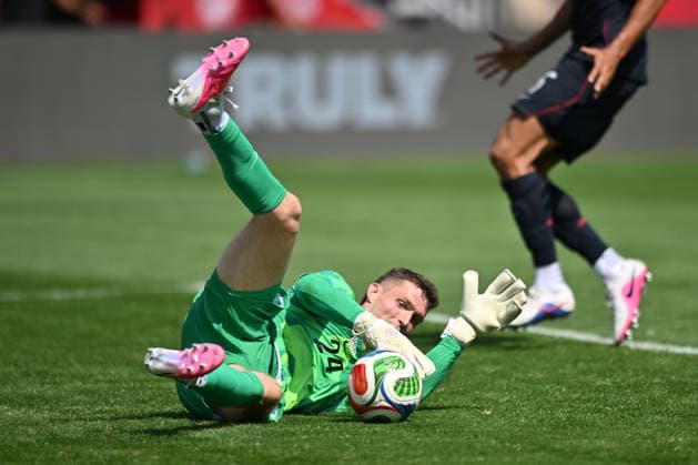 CHICAGO, IL - JUNE 06: United States goalkeeper Matthew Freese (24) grabs the ball during a friendly match between the United States and Germany on June 6, 2026, at Soldier Field in Chicago, IL. (Photo by Patrick Gorski Icon Sportswire) SOCCER: JUN 06 USA vs Germany EDITORIAL USE ONLY Icon260606032