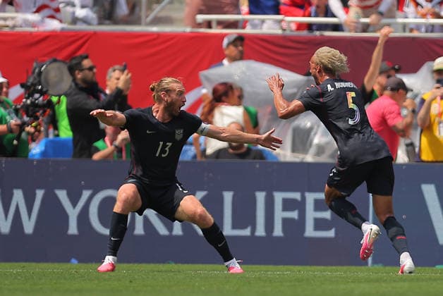 CHICAGO, IL - JUNE 06: Antonee Robinson 5 of the United States celebrates with Tim Ream 13 of the United States after scoring during a friendly match between Germany on June 6, 2026 at Soldier Field in Chicago, Illinois. (Photo by Melissa Tamez Icon Sportswire) SOCCER: JUN 06 USA vs Germany EDITORIAL USE ONLY Icon260606046