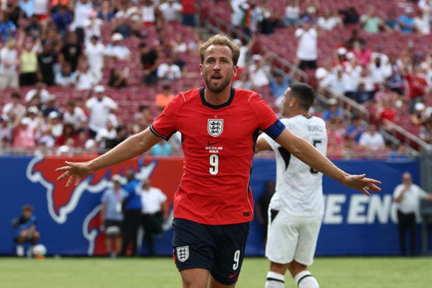 TAMPA, FL - JUNE 06: England forward Harry Kane (9) celebrates after his goal in the first half during the friendly soccer match between England and New Zealand on Saturday, June 6, 2026 at Raymond James Stadium in Tampa, FL (Photo by Peter Joneleit Icon Sportswire) SOCCER: JUN 06 England vs New Zealand EDITORIAL USE ONLY Icon260606009