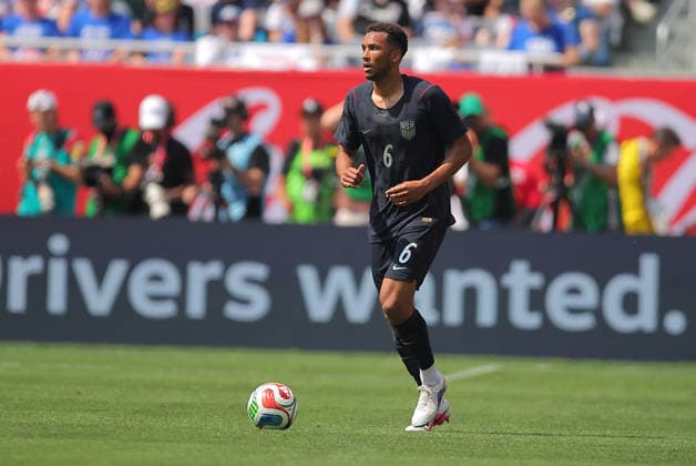 CHICAGO, IL - JUNE 06: Auston Trusty 6 of the United States controls the ball during a friendly match between Germany on June 6, 2026 at Soldier Field in Chicago, Illinois. (Photo by Melissa Tamez Icon Sportswire) SOCCER: JUN 06 USA vs Germany EDITORIAL USE ONLY Icon260606077