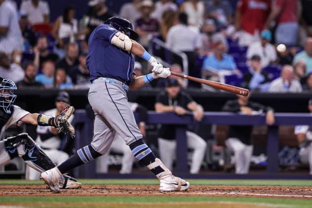 MLB, Baseball Herren, USA - Miami Marlins vs Tampa Bay Rays Tampa Bay Rays First Baseman Jonathan Aranda in action during the Major League Baseball (MLB) game between the Miami Marlins and the Tampa Bay Rays in Miami, Florida, USA, 06 June 2026. MIAMI FLORIDA United States  Copyright: xCRISTOBALxHERRERA-ULASHKEVICHx