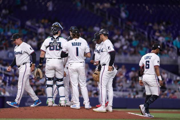 MLB, Baseball Herren, USA - Miami Marlins vs Tampa Bay Rays Miami Marlins team members gather on the mound during the Major League Baseball (MLB) game between the Miami Marlins and the Tampa Bay Rays in Miami, Florida, USA, 06 June 2026. MIAMI FLORIDA United States  Copyright: xCRISTOBALxHERRERA-ULASHKEVICHx