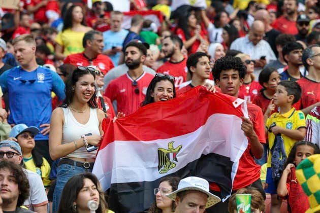 June 6, 2026: Egypt fans cheer for their team while waving a the Egyptian flag during the International Friendly, Länderspiel, Nationalmannschaft soccer match between Egypt and Brazil at Huntington Bank Field in Cleveland, Ohio. CSM Cleveland United States of America - ZUMAc04_ 20260606_zma_c04_037 Copyright: xBrianxFisherx