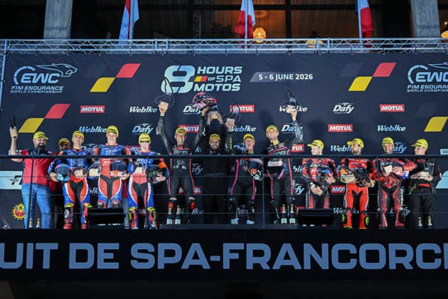 MOTO : 8Heures de Spa-Francorchamps - championnat FIM EWC 2026 - 06 06 2026 winner of the SUPERSTOCK (SST) category at the 8H SPA Motos 2026, the second round of the 2026 FIM EWC Championship, at the Spa-Francorchamps circuit in Francorchamps, Belgium, from June 5 to 6, 2026, Revo M2 (ITA) Aprilia Rsv4 1100 Factory (SST) driven by KÃ vin Calia (ITA), Simone Saltarelli (ITA), Flavio Ferroni (ITA) STT category podium : First : 49 KÃ vin Calia (ITA), Simone Saltarelli (ITA), Flavio Ferroni (ITA) Second : 77 Oscar Guttierrez Iglesias (ESP), Jordi Torres Fernandez (ESP), Milan Pawelec (POL) Third : 18 Baptiste Guittet (FRA), Maxim Pellizotti (FRA), Marc Alcoba (ESP) FRANCORCHAMPSBelgium  Copyright: xMPSxAGENCYx