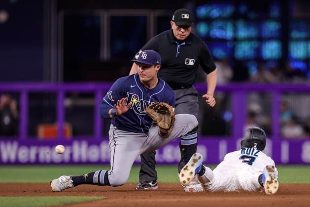 MLB, Baseball Herren, USA - Miami Marlins vs Tampa Bay Rays Miami Marlins Right Fielder Esteury Ruiz (R) steals second base during the Major League Baseball (MLB) game between the Miami Marlins and the Tampa Bay Rays in Miami, Florida, USA, 06 June 2026. MIAMI FLORIDA United States  Copyright: xCRISTOBALxHERRERA-ULASHKEVICHx