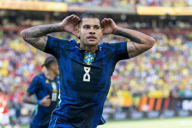 Brazil s Bruno Guimaraes celebrates his goal during the International Friendly, Länderspiel, Nationalmannschaft match between Brazil and Egypt a World Cup Brazil s Bruno Guimaraes celebrates his goal during the international friendly match between Brazil and Egypt a World Cup warm-up at Huntington Bank Field in Cleveland, USA, this Saturday, the 6th. Cleveland OH United States Copyright: xWilliamxVolcovx
