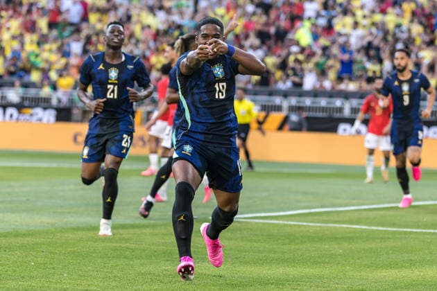 Brazil s Endrick celebrates his goal during an International Friendly, Länderspiel, Nationalmannschaft match preparing for the World Cup between Brazil and Egypt Brazil s Endrick celebrates his goal during an international friendly match preparing for the World Cup between Brazil and Egypt at Huntington Bank Field in Cleveland, United States, this Saturday, the 6th. Cleveland OH United States Copyright: xWilliamxVolcovx
