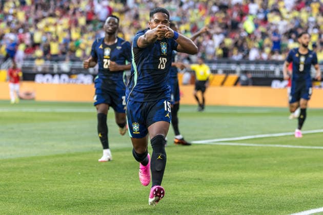Brazil s Endrick celebrates his goal during an International Friendly, Länderspiel, Nationalmannschaft match preparing for the World Cup between Brazil and Egypt Brazil s Endrick celebrates his goal during an international friendly match preparing for the World Cup between Brazil and Egypt at Huntington Bank Field in Cleveland, United States, this Saturday, the 6th. Cleveland OH United States Copyright: xWilliamxVolcovx