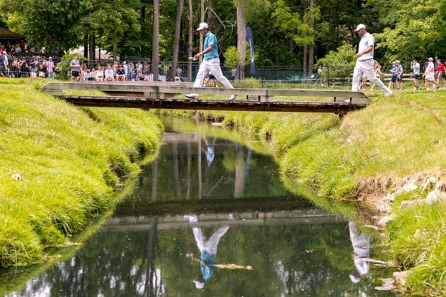 June 6, 2026, Dublin, Ohio, U.S: Hideki Matsuyama and Scottie Scheffler walk across the bridge on the 7th hole during the third round of The Memorial Tournament at Muirfield Village Golf Club, Dublin, Ohio. PGA, Golf Herren Tour 2026 - The Memorial Tournament - Third Round  - ZUMAs304 20260606_zaf_s304_116 Copyright: xScottxStuartx