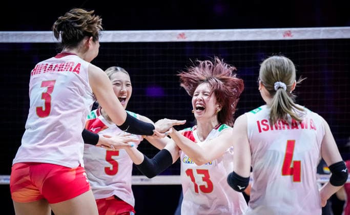 Team Japan celebrates against Team Germany during their womens Volleyball Nations League (VNL) match on June 6, 2026 in Quebec City, Canada. Noxthirdxpartyxsales  aflo_333529472 MathieuxBelangerx