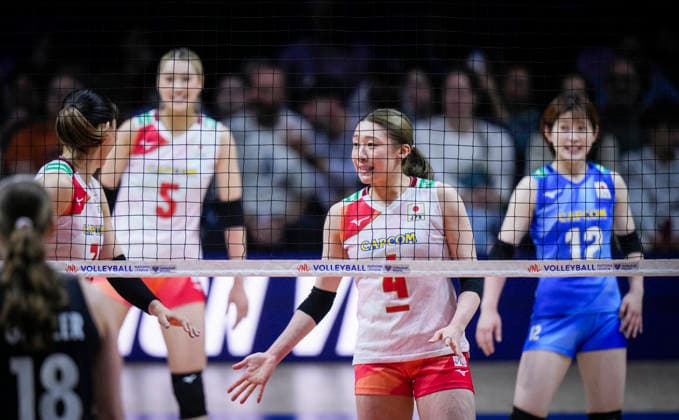 Team Japan celebrates against Team Germany during their womens Volleyball Nations League (VNL) match on June 6, 2026 in Quebec City, Canada. Noxthirdxpartyxsales  aflo_333529577 MathieuxBelangerx