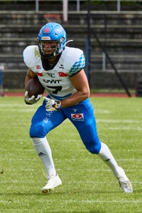 German Football League GFL , Munich Cowboys vs Allgäu Comets, Munich Cowboys, Allgäu Comets, 2026 06 06 in München Städtisches Stadion an der Dantestraße Dantestation QUIGLEY Gabriel Allgäu Comets WR Nr7 ALC7 sportworld München Städtisches Stadion an der Dant Bayern Germany