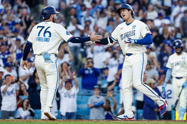 MLB, Baseball Herren, USA - Los Angeles Dodgers vs Anaheim Angels Dodgers designated hitter Shohei Ohtani celebrates with second baseman Alex Freeland after hitting a home run during the first inning of an MLB game between the Los Angeles Dodgers and the Anaheim Angels at Uniqlo Field in Dodger Stadium in Los Angeles, California, USA, 06 June 2026. LOS ANGELES CALIFORNIA UNITED STATES  Copyright: xCHRISxTORRESx