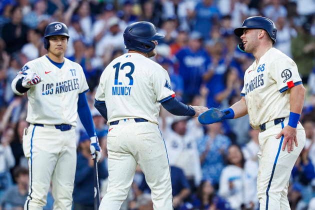 MLB, Baseball Herren, USA - Los Angeles Dodgers vs Anaheim Angels Dodgers designated hitter Shohei Ohtani (R), third baseman Max Muncy (C) and catcher Dalton Rushing celebrates after scoring during the first inning of an MLB game between the Los Angeles Dodgers and the Anaheim Angels at Uniqlo Field in Dodger Stadium in Los Angeles, California, USA, 06 June 2026. LOS ANGELES CALIFORNIA UNITED STATES  Copyright: xCHRISxTORRESx