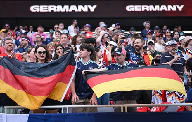 Soccer World Cup 2026 test match in Chicago 06 06 2026 USA Germany Germany fans with flags at Soldier Field Stadium