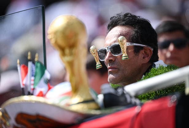 Soccer World Cup 2026 test match in Chicago 06 06 2026 USA Germany A Mexican fan with small World Cup trophies on his sunglasses at Soldier Field Stadium