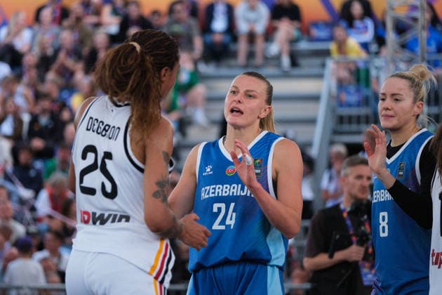 June 6, 2026, Warsaw, Masovian Voivodeship, Poland: Azerbaijan s ALEXANDRA MOLLENHAUER (24) and DINA ULYANOVA (8) with Germany s AMA DEGBEON (25) at the end of a FIBA 3x3 Basketball World Cup women s quarter-final game between Germany and Azerbaijan in Warsaw, Poland. Warsaw Poland - ZUMAk204 20260606_zip_k204_084 Copyright: xRomanxKozielx