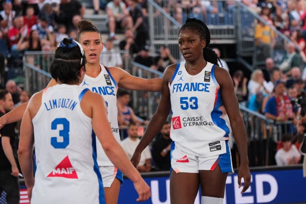 June 6, 2026, Warsaw, Masovian Voivodeship, Poland: France s HORTENSE LIMOUZIN (3), LAETITIA GUAPO (12), and MARIE MANE (53) contemplate defeat at the end of a FIBA 3x3 Basketball World Cup women s quarter-final game between France and USA in Warsaw, Poland. France lost to the United States and was eliminated from the tournament. Basketball 2026: FIBA 3x3 World Cup Women s Quarterfinal: United States 18:16 France  - ZUMAk204 20260606_zip_k204_105 Copyright: xRomanxKozielx