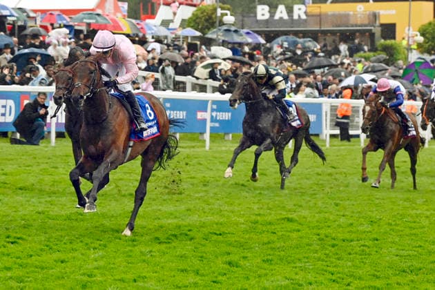 06 06 2026, Epsom, Surrey, GBR Christmas Day with Ronan Whelan up wins the Epsom Derby Epsom Downs racecourse horse, jockey, Christmas Day, Whelan, win, finish, finish 260606C730EPSOM JPG