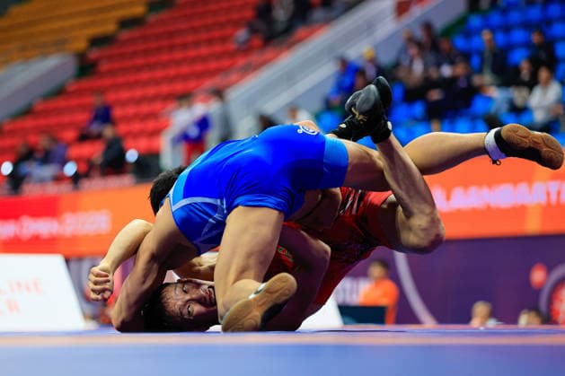 Wrestling Ranking Series Ulaanbaatar Open 57kg FS Chongsong Han PRK df Aiaal Belolyubskii TJK Copyright: xKostadinxAndonovx xUnitedxWorldxWrestlingx Kostadin Andonov United World Wrestling