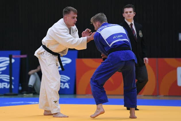 German Judo Championship 2026 on 06 06 2026 in the sports hall on Krefelder Straße in Duisburg Men 81KG Tom Droste white Peter Thomas blue xRx