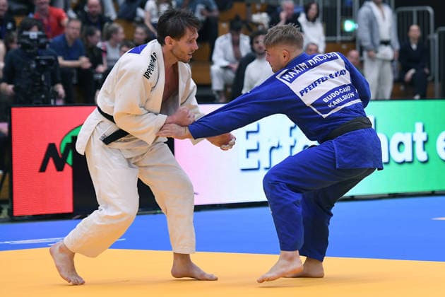 German Judo Championship 2026 on 06 06 2026 in the sports hall on Krefelder Straße in Duisburg Mens final 81KG Dominic Ressel white Maxim Malsch blue xRx