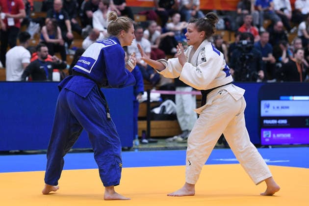 German Judo Championship 2026 on 06 06 2026 in the sports hall on Krefelder Straße in Duisburg Women 63KG Hanna Sedlmair white Charlotte von Leupoldt blue xRx