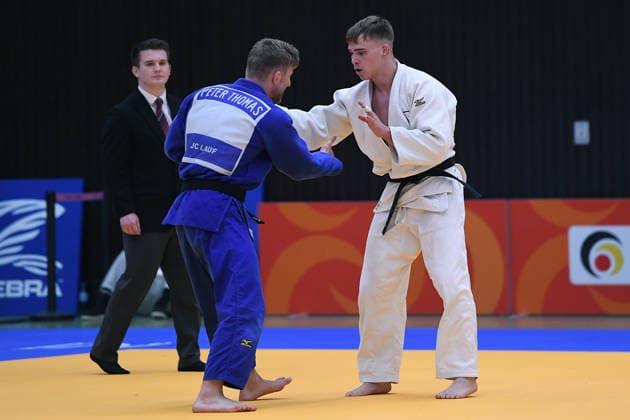 German Judo Championship 2026 on 06 06 2026 in the sports hall on Krefelder Straße in Duisburg Men 81KG Tom Droste white Peter Thomas blue xRx