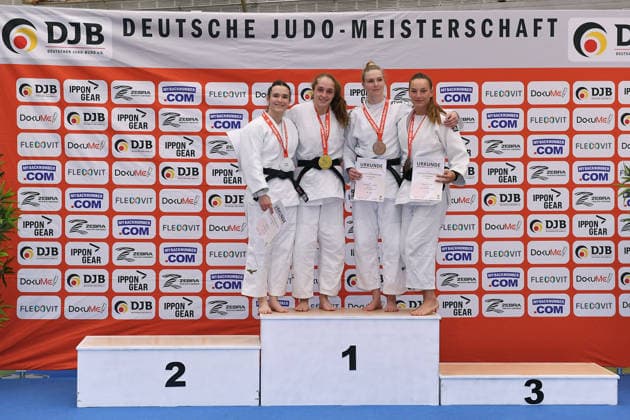 German Judo Championship 2026 on 06 06 2026 in the sports hall on Krefelder Straße in Duisburg Award ceremony women 63kg 1 Sara Joy Bauer 2 Bettina Bauer 3 Charlotte von Leupoldt 3 Shenna Nitsche xRx
