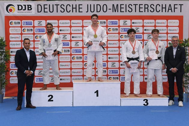 German Judo Championship 2026 on 06 06 2026 in the sports hall on Krefelder Straße in Duisburg Award ceremony Men 73kg 1 Jano Rübo 2 Kevin Abeltshauser 3 Joseph Lehniger 3 Raphael Akoto xRx
