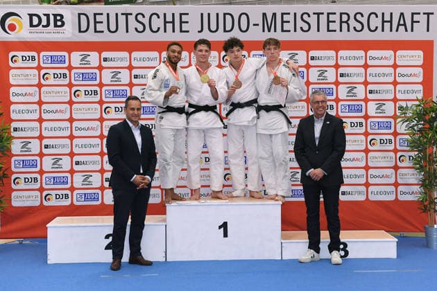German Judo Championship 2026 on 06 06 2026 in the sports hall on Krefelder Straße in Duisburg Award ceremony Men 73kg 1 Jano Rübo 2 Kevin Abeltshauser 3 Joseph Lehniger 3 Raphael Akoto xRx