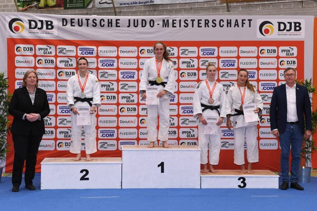 German Judo Championship 2026 on 06 06 2026 in the sports hall on Krefelder Straße in Duisburg Award ceremony women 63kg 1 Sara Joy Bauer 2 Bettina Bauer 3 Charlotte von Leupoldt 3 Shenna Nitsche xRx