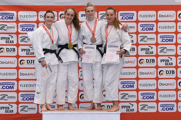 German Judo Championship 2026 on 06 06 2026 in the sports hall on Krefelder Straße in Duisburg Award ceremony women 63kg 1 Sara Joy Bauer 2 Bettina Bauer 3 Charlotte von Leupoldt 3 Shenna Nitsche xRx