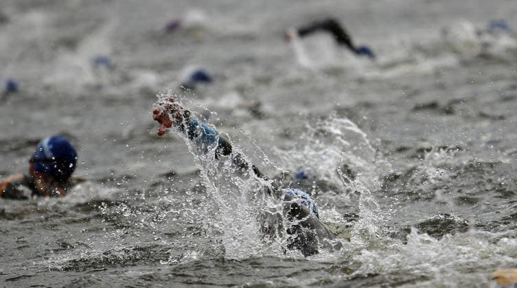 Ironman in Hamburg 2026 participants in the Age Grouper category at the swim start in the Binnenalster