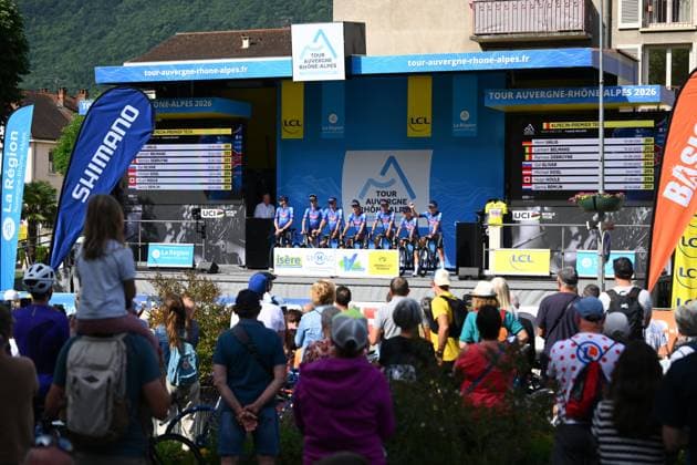 Tour Auvergne - Rhone-Alpes 2026 Stage 1 SAINT-ISMIER, FRANCE - JUNE 07 : Team Alpecin - Premier Tech on the podium before the start of race during stage 1 of the 78th edition of Tour Auvergne - Rhone-Alpes an UCI World Tour 2.UWT cycling road race stage for Men Elite of 146.2 km with start in Vizille and finish in Saint-Ismier on June 7, 2026 in Saint-Ismier, France, 07 06 2026 ( Motordriver Guy De Vuyst - Saint-Ismier France  Copyright: xVincentxKalutx