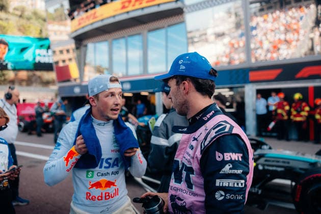 Formula 1 Monaco Grand Prix 2026 Pierre Gasly (BWT Alpine F1 Team, 10) and Liam Lawson (Visa Cash App Racing Bulls Formula One Team, 30) in parc fermÃ after qualifying on quali day at the Monaco GP 2026 06 06 2026