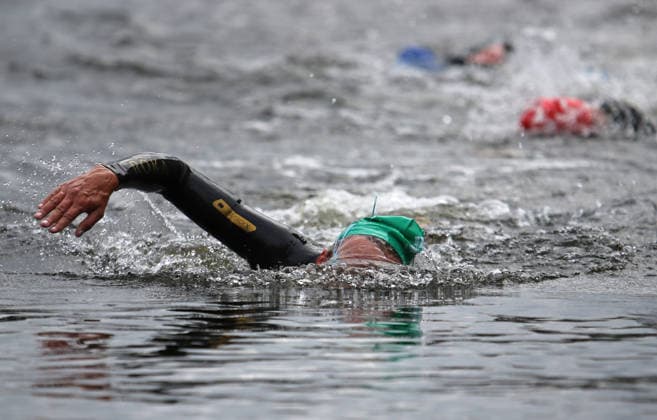 Ironman in Hamburg 2026 Professional athlete on the swim course in the European Championship race