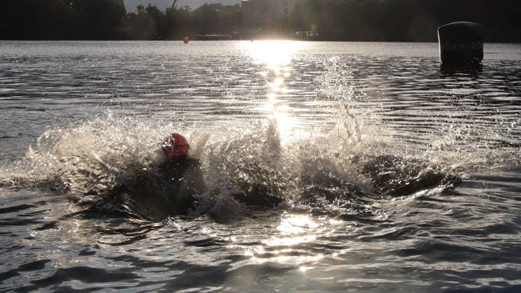 Ironman in Hamburg 2026 Visually impaired Rob Sears r with his guide Ant Munson l at the swim start in the Inner Alster lake